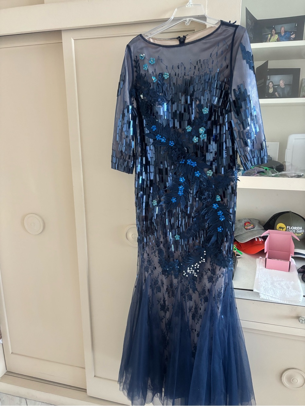 Navy Blue Embellished Sequin & Tulle Maxi Dress